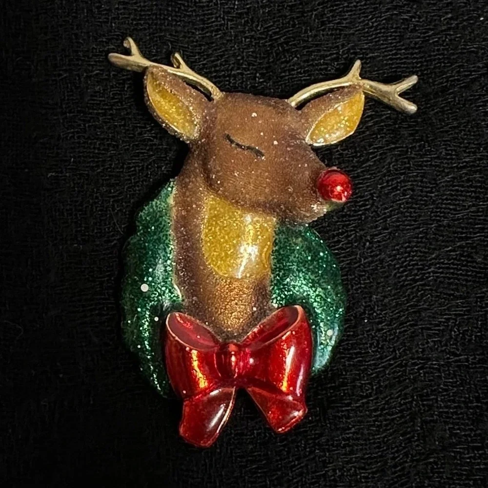 Danecraft‎ Reindeer Brooch Gold Tone Enamel Glitter Wreath Christmas Bow